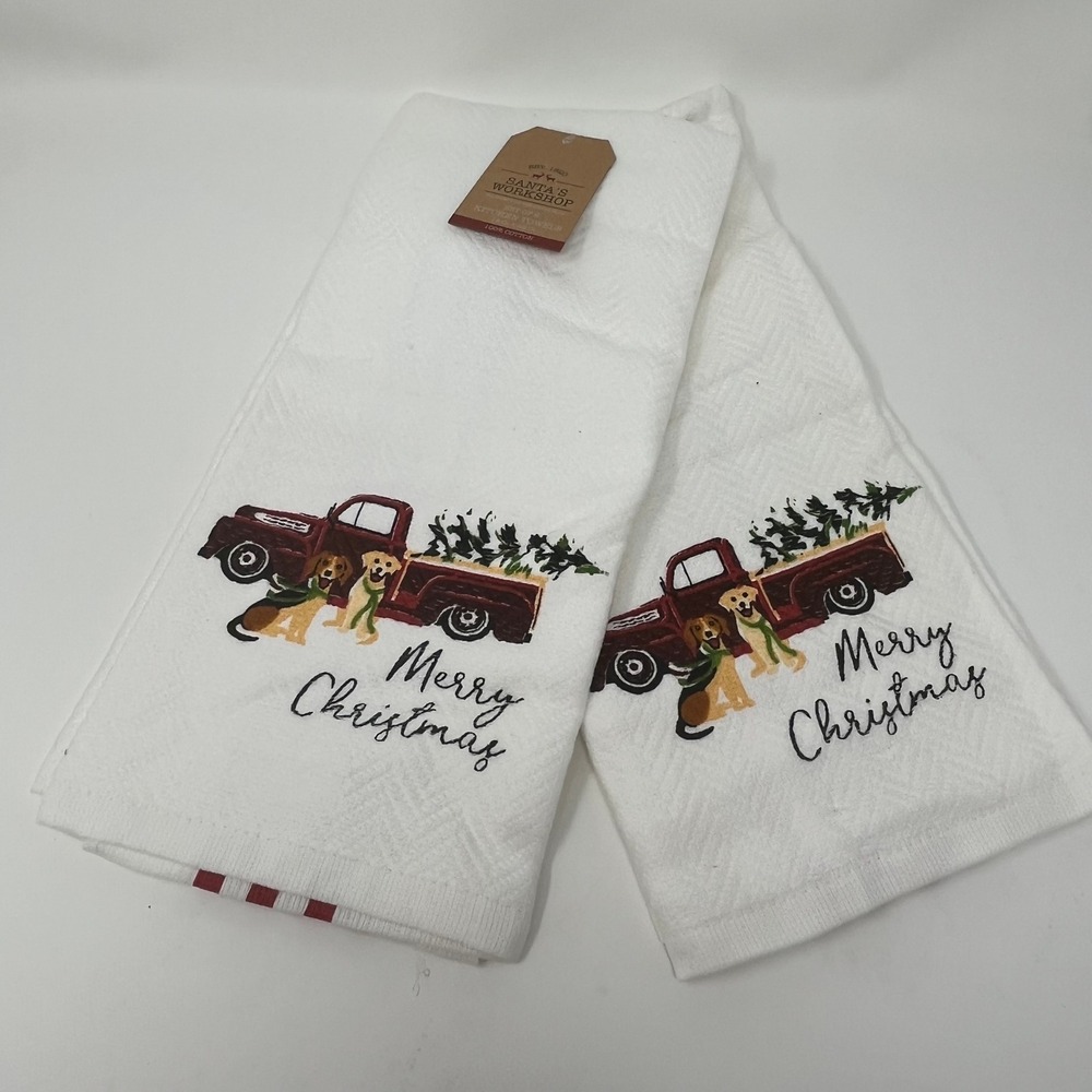 Santa's Workshop Kitchen Towels Set 2 Christmas Dogs Red Truck Holiday Decor